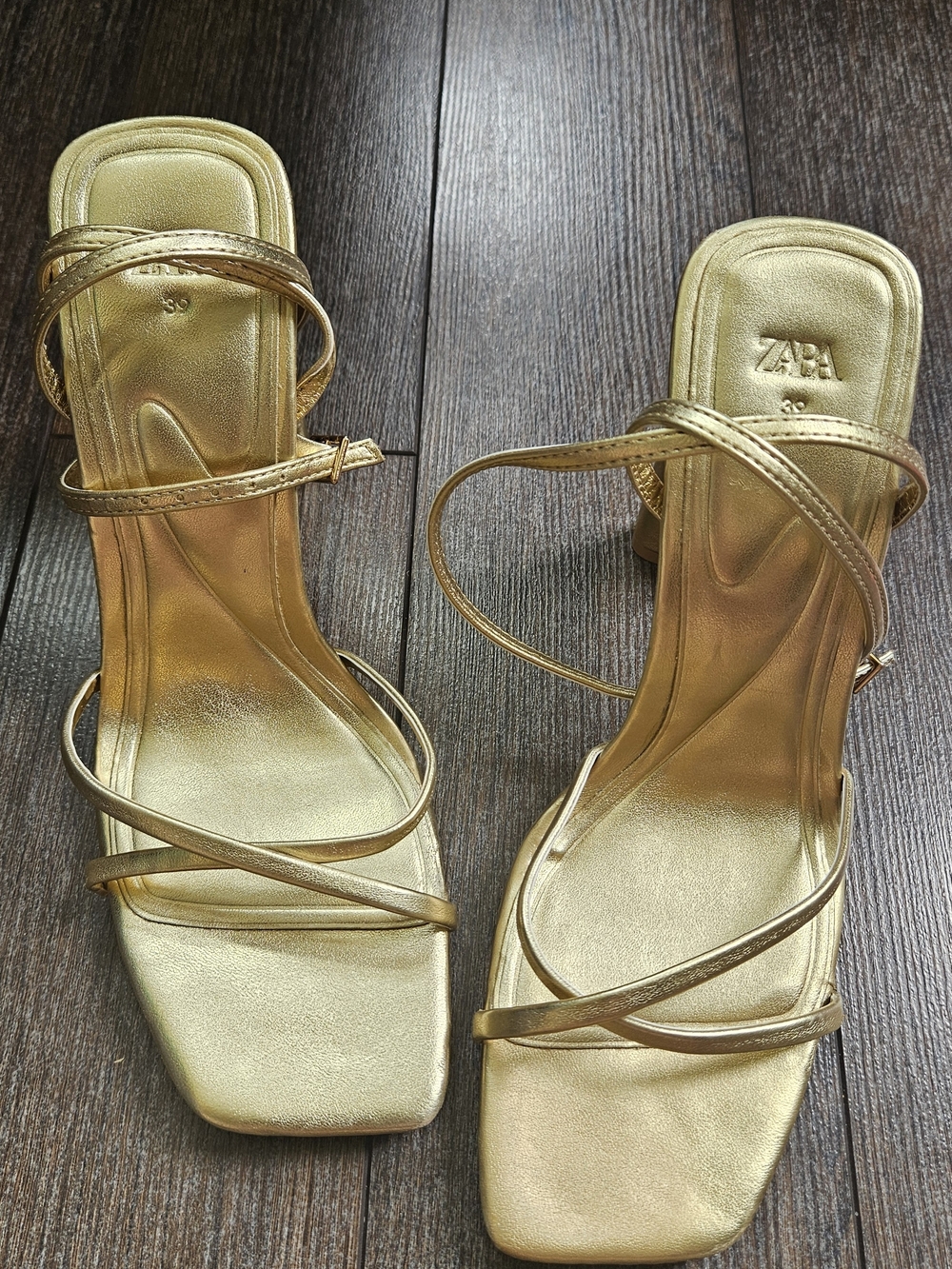 ZARA Gold Strappy Block Heel Sandals